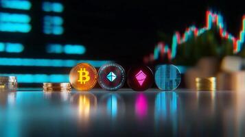 Close-up view of cryptocurrency coins on a table with a digital trading chart in the background photo