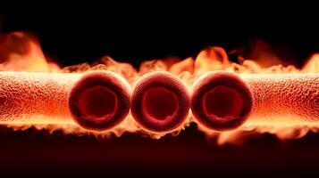 Close-up view of glowing red blood cells amidst swirling flames, illustrating dynamic biological processes photo