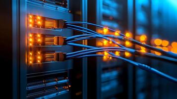 Close-up view of illuminated server connections in a data center with glowing cables photo