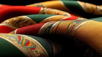 Close-up view of intricately patterned fabric with vibrant colors and textures, showcasing craftsmanship photo