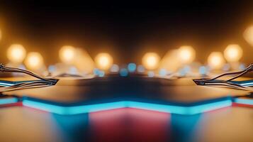 Close-up view of illuminated wires on a futuristic table with soft glowing lights in the background photo