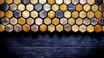Close-up view of hexagonal wooden tiles in gold and black, creating a textured wall design photo