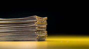 Close-up view of neatly stacked magazines on a vibrant yellow surface with a dark background photo