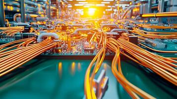 Close-up view of intricate circuit board with glowing wires and sunset in the background photo