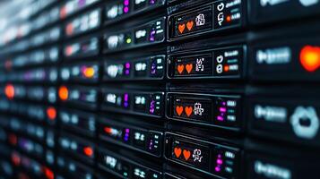 Close-up view of server racks displaying LED indicators in a tech environment, showcasing data activity photo