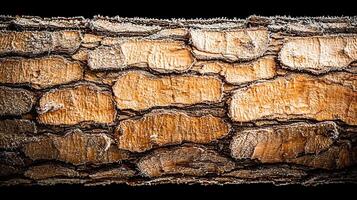 Close-up view of textured tree bark showcasing natural patterns and colors against a dark background photo