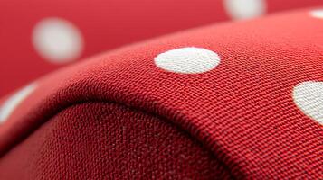 Close-up view of textured red fabric with white polka dots, showcasing its smooth surface and pattern photo