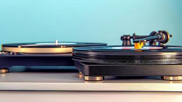 Close-up view of two turntables playing vinyl records on a stylish wooden surface with a soft background photo