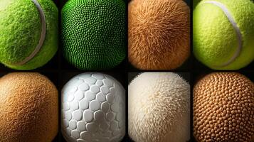 Close-up view of various textured balls, showcasing unique surfaces and colors for sports and design photo