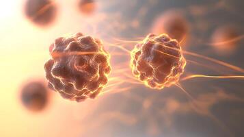 Close-up view of vibrant, glowing cells interacting in a dynamic scientific environment photo