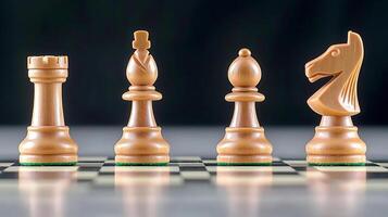 Close-up view of wooden chess pieces arranged strategically on a chessboard, with a blurred background photo