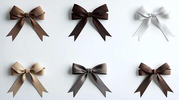 Collection of elegant ribbon bows in various colors arranged on a neutral background photo