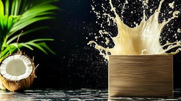 Coconut splashing into a wooden box with tropical leaves in the background, creating a refreshing scene photo