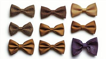 Collection of elegant bow ties arranged in a grid showcasing various textures and colors photo