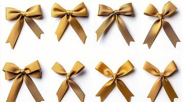 Collection of elegant golden satin bows arranged in a grid on a white background photo