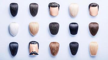 Collection of diverse hairpiece styles displayed in a grid format against a light background photo