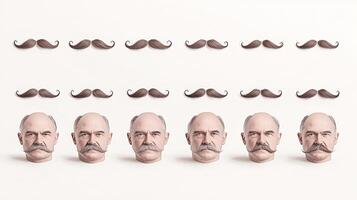 Collection of stylized mustaches paired with identical male heads on a plain background photo