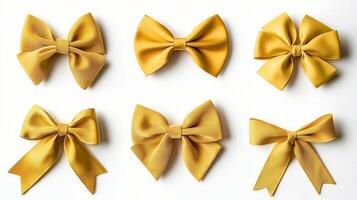 Collection of six elegant yellow bows arranged on a white background, showcasing various styles and sizes photo