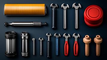 Collection of various tools and mechanical parts arranged neatly on a dark background photo