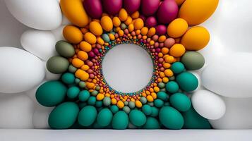 Colorful abstract arrangement of spherical shapes in a circular pattern against a white background photo