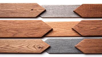 Collection of wooden planks in various colors and textures arranged in a geometric pattern photo