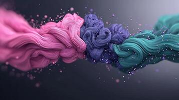Colorful abstract swirl of pink, purple, and teal fibers with floating particles in a dynamic flow photo