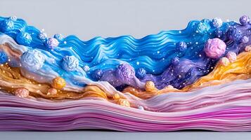 Colorful abstract waves with textured patterns and floating spheres in a serene background photo