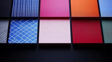 Colorful array of textured panels displayed in a modern setting with soft lighting photo