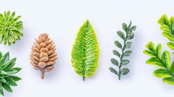 Colorful artificial leaves and pinecones arranged symmetrically on a light background photo