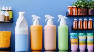 Colorful array of cleaning products and supplements on shelves against a blue background photo