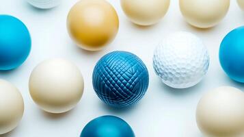 Colorful assortment of textured and smooth balls arranged on a light background, showcasing variety photo