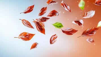 Colorful autumn leaves swirling in the wind against a soft gradient background, creating a serene atmosphere photo