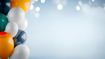 Colorful balloons in a festive arrangement against a soft blue background with bokeh lights photo