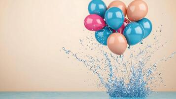 Colorful balloons splashing into water against a soft background, creating a festive atmosphere photo