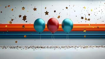 Colorful balloons in a festive setting with confetti and stars on a decorated wall photo