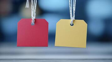 Colorful blank tags hanging on strings against a blurred background, ideal for labeling items photo