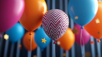 Colorful balloons with zigzag patterns and stars float against a dark backdrop, creating a festive atmosphere photo