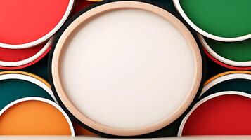 Colorful circular plates stacked creatively with a blank center for customizable designs photo