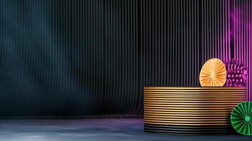 Colorful circular objects on layered backgrounds with dramatic lighting and shadows photo