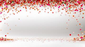 Colorful confetti falling against a white backdrop, creating a festive and celebratory atmosphere photo