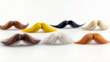 Colorful collection of artificial mustaches arranged on a white background for playful use photo