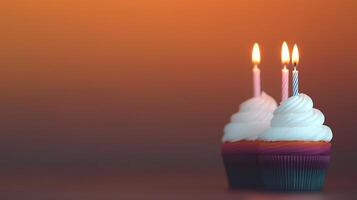Colorful cupcakes with lit candles celebrating a birthday against a warm gradient background photo