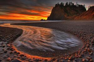 A river flowing over rocks at sunset photo