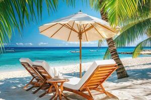 Two lounge chairs and an umbrella on a tropical beach photo
