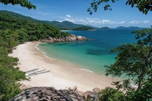 A beach with white sand and blue water photo