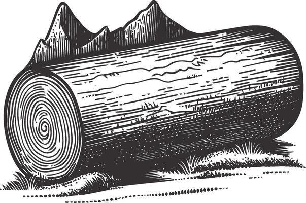 Vintage Engraving of Log with Mountains and Grass in Black and White