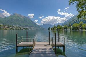 A pier on a lake with mountains in the background photo