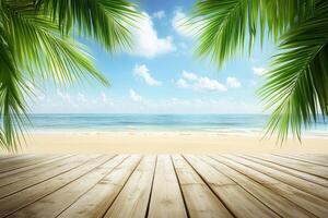 Wooden floor with palm trees and blue sky photo