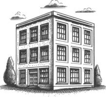 Detailed Engraving of a Stylish Modern Building with Windows and Trees vector