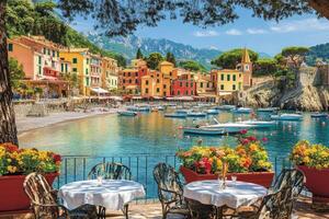 A restaurant overlooking the water with colorful buildings photo